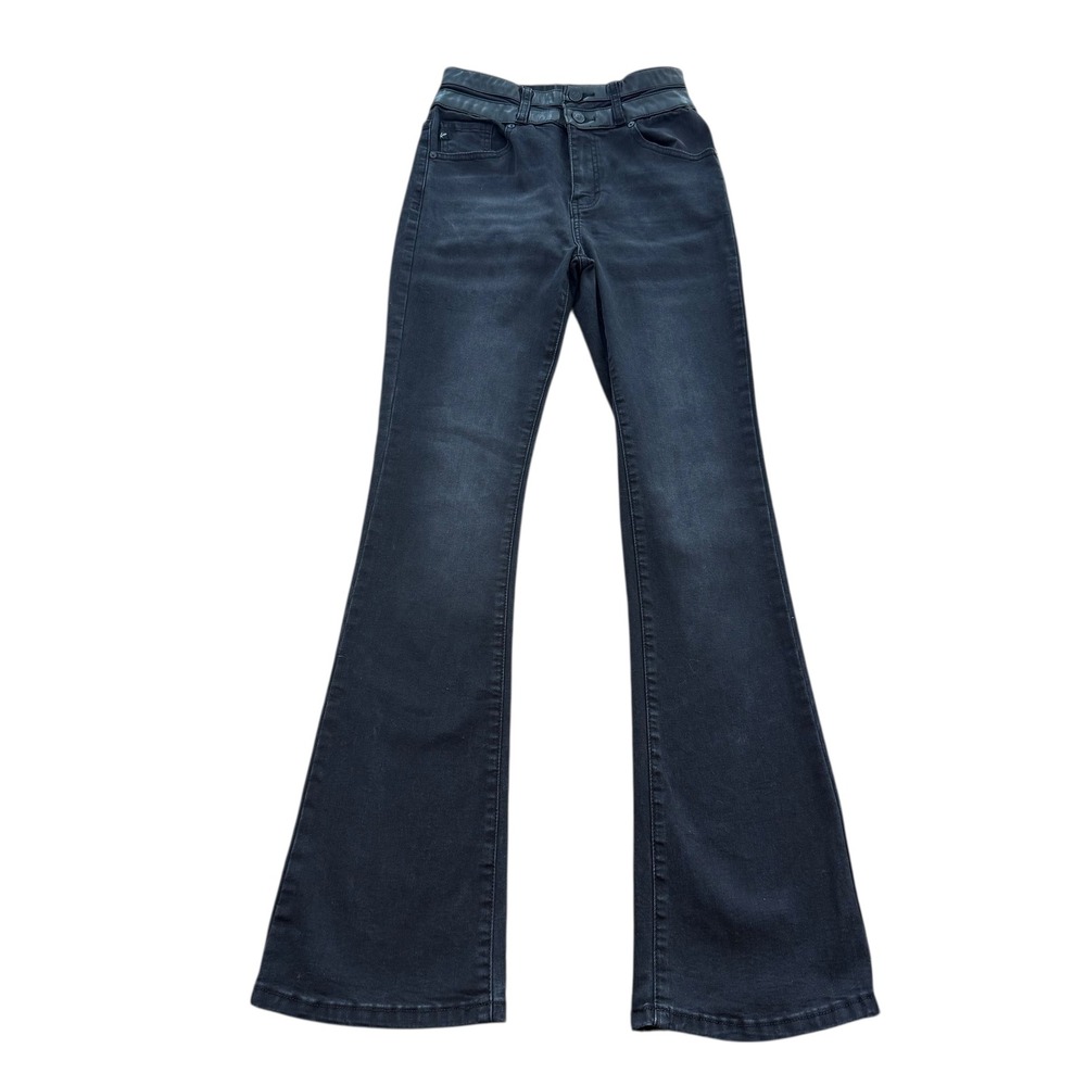 KanCan Women's Black Flare Jeans Faux Leather Waist Size 7/27